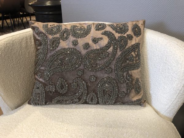 Kussen fluweel paisly taupe 45x30cm